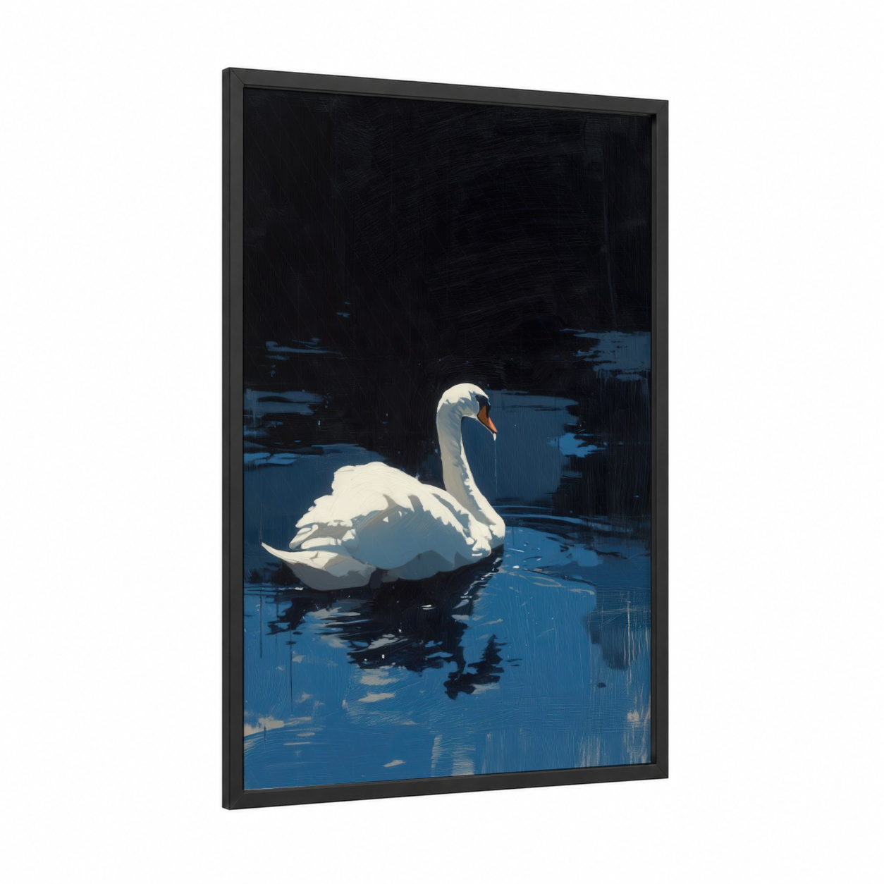 Serene Swan framed art print — black wood frame — white and blue palette