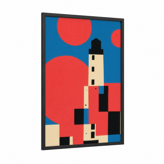 Crimson Lighthouse framed art print — black wood frame — red and blue palette