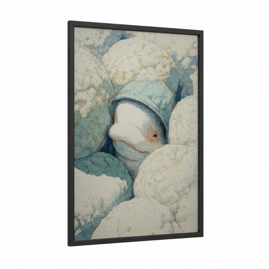 Cozy Beluga Whale framed art print — black wood frame — cream and blue and gray palette