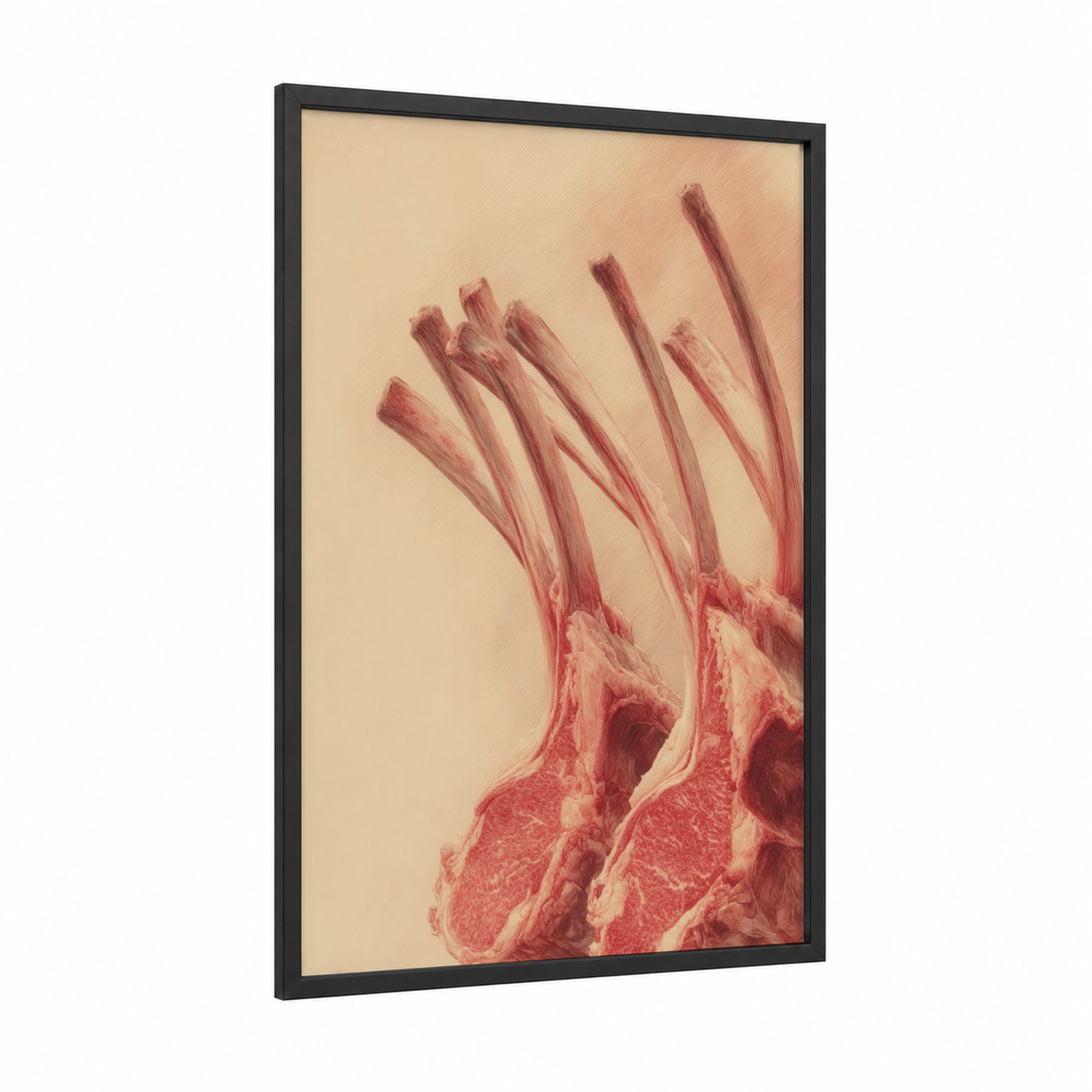 Raw Meat Study framed art print — black wood frame — salmon pink and cream palette