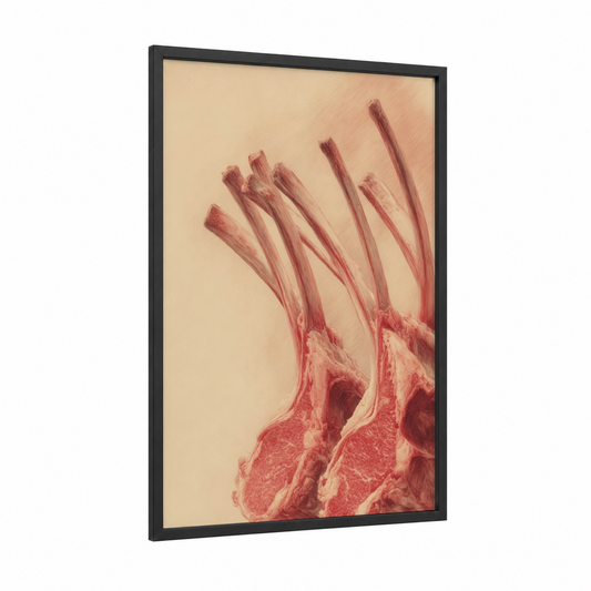 Raw Meat Study framed art print — black wood frame — salmon pink and cream palette