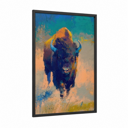 Golden Bison framed art print — black wood frame — gold and blue palette