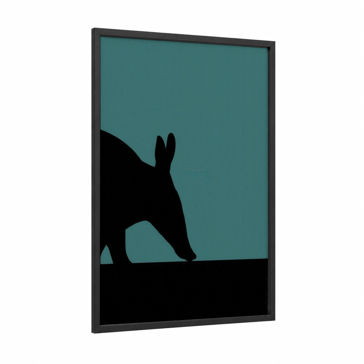 Silhouette Aardvark framed art print — black wood frame — teal and black palette