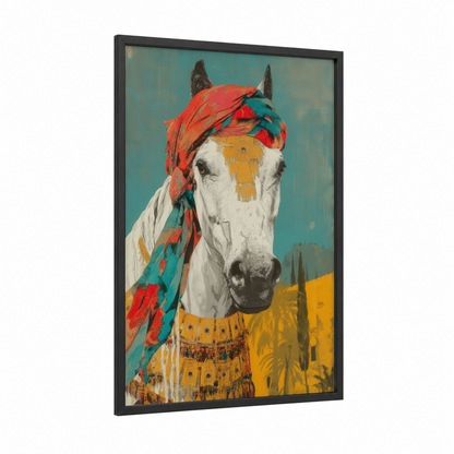 Ornate Arabian Horse framed art print — black wood frame — teal and gold palette