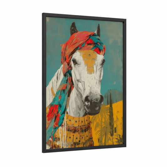 Ornate Arabian Horse framed art print — black wood frame — teal and gold palette
