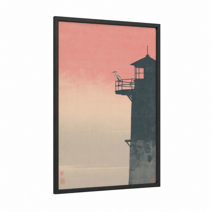 Heron Lighthouse framed art print — black wood frame — peach and cream palette