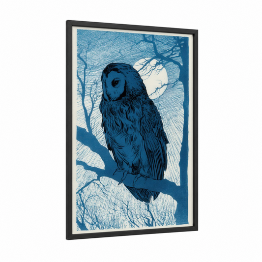 Moonlit Owl framed art print — black wood frame — blue and white palette