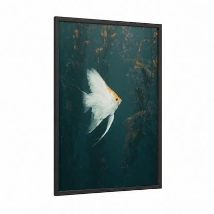 Ethereal Angelfish framed angel fish print — black wood frame — white and teal palette