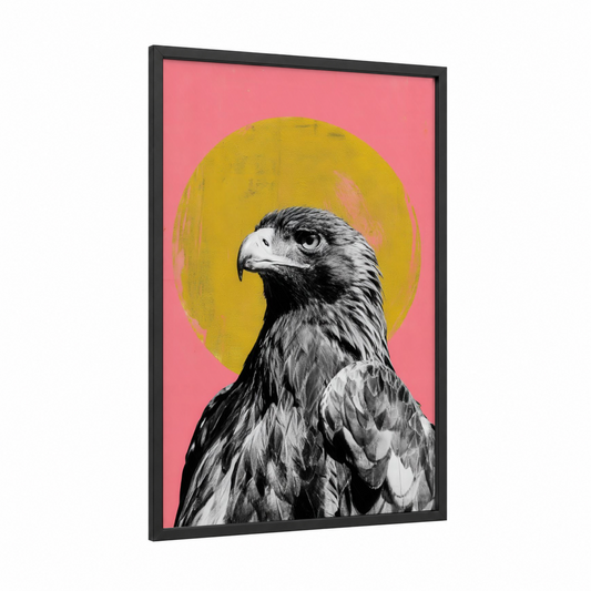 Golden Eagle Portrait framed art print — black wood frame — yellow gold and salmon pink palette