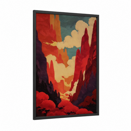 Crimson Canyon Vista framed art print — black wood frame — red and gold palette
