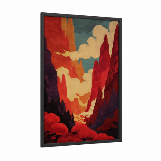 Crimson Canyon Vista framed art print — black wood frame — red and gold palette