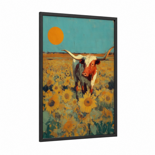 Sunflower Longhorn framed longhorn cow print — black wood frame — gold and teal palette