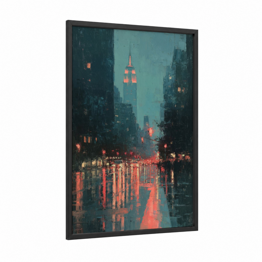 Neon Manhattan Dusk framed empire state building print — black wood frame — teal and orange palette