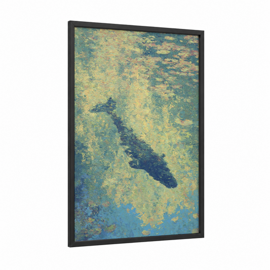 Deep Ocean Whale framed sperm whale print — black wood frame — gold and teal palette