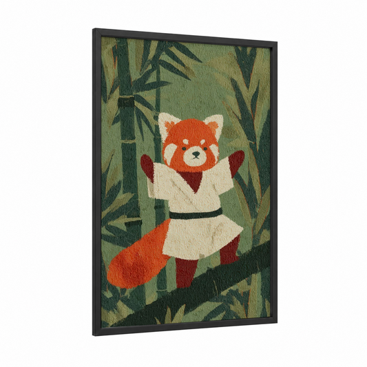 Karate Red Panda framed art print — black wood frame — red and green palette