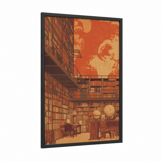 Celestial Library framed art print — black wood frame — gold and orange palette