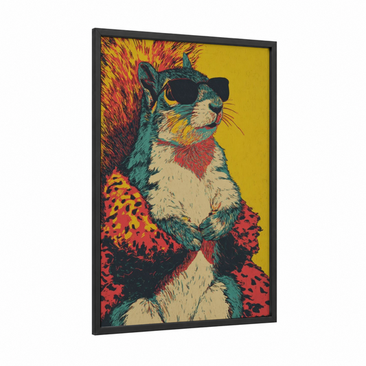 Cool Squirrel framed art print — black wood frame — yellow gold and teal palette