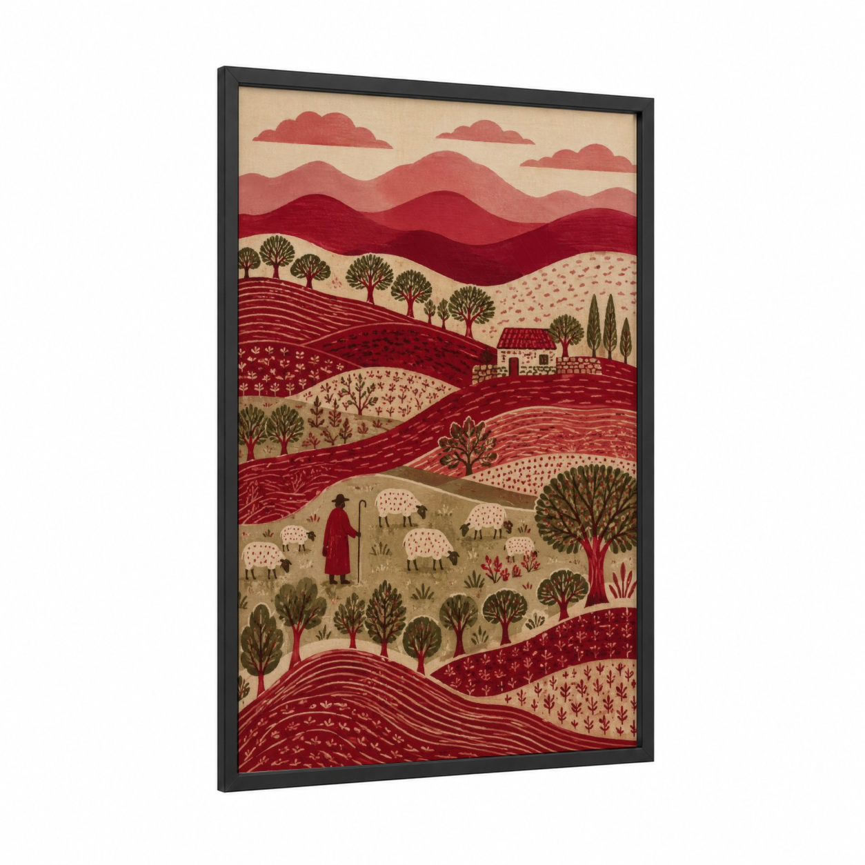 Pastoral Countryside Shepherd Scene Wall Art framed sheep print — black wood frame — maroon and beige palette