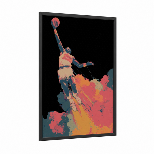 Basketball Slam Dunk framed art for boy print — black wood frame — red and blue palette