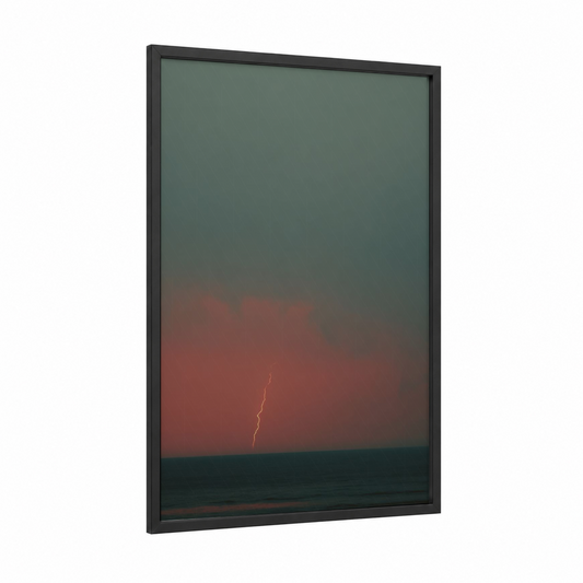 Stormy Lightning Horizon framed art print — black wood frame — bermuda gray and russet palette