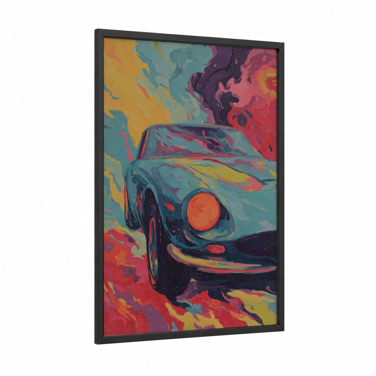 Vibrant Sports Car framed art print — black wood frame — blue and orange palette