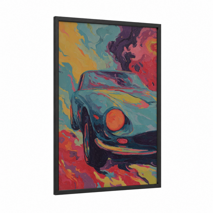 Vibrant Sports Car framed art print — black wood frame — blue and orange palette
