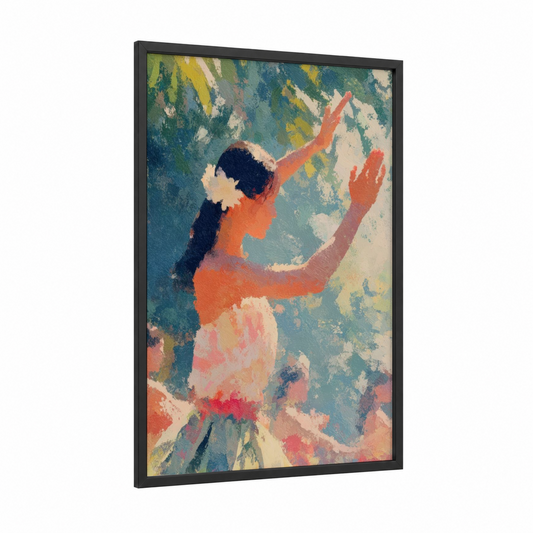 Tropical Hula Dancer framed art print — black wood frame — teal and salmon pink palette