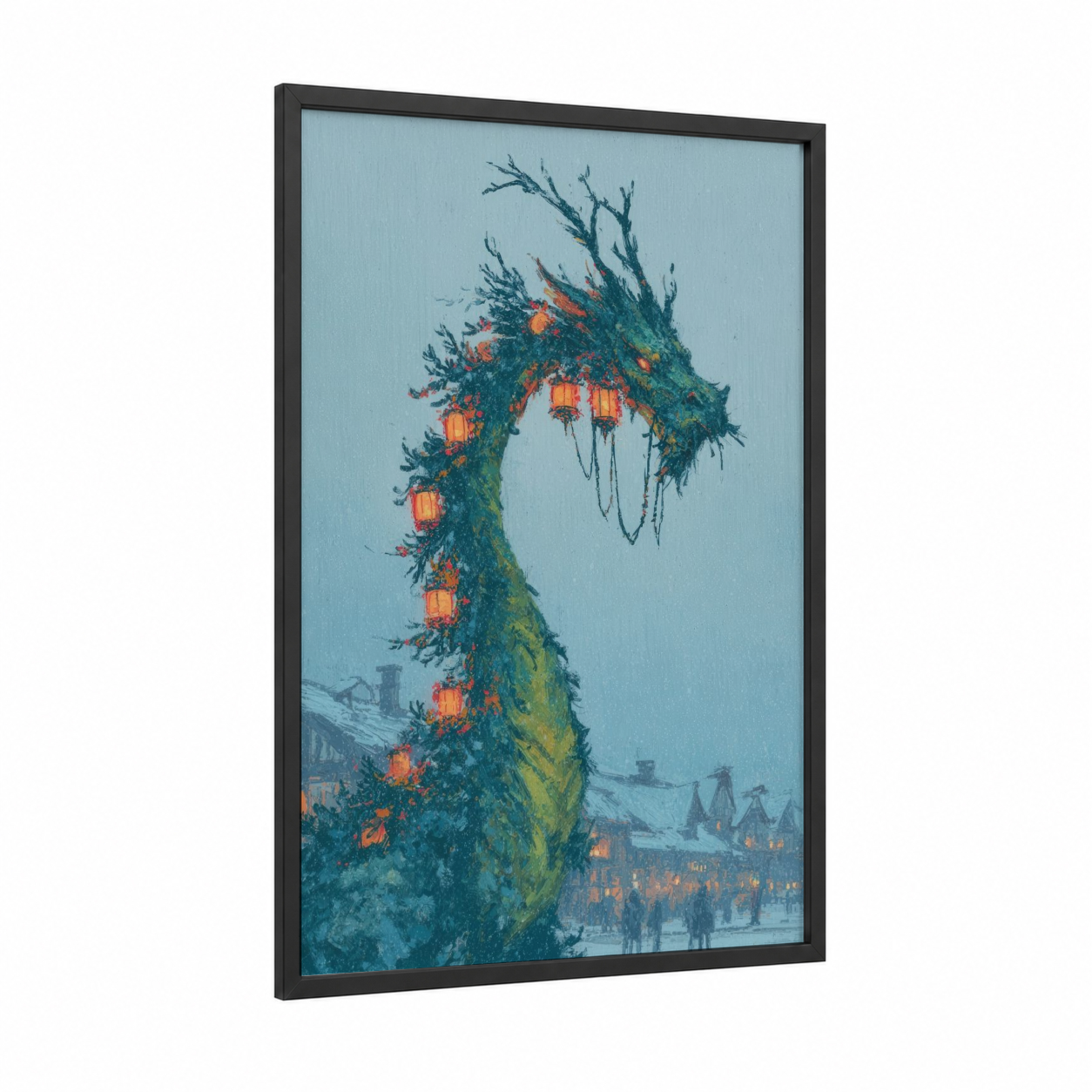 Festive Dragon Portal framed art print — black wood frame — blue and gold palette