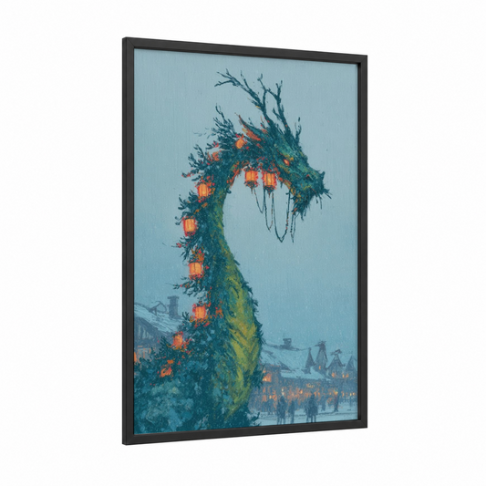 Festive Dragon Portal framed art print — black wood frame — blue and gold palette