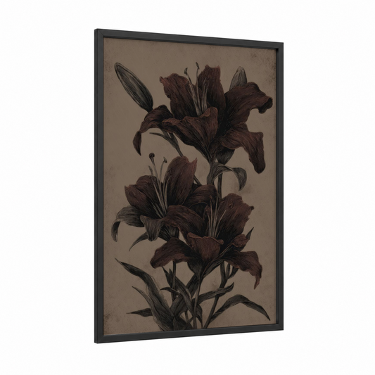 Moody Lily Study framed art print — black wood frame — maroon and dove gray palette