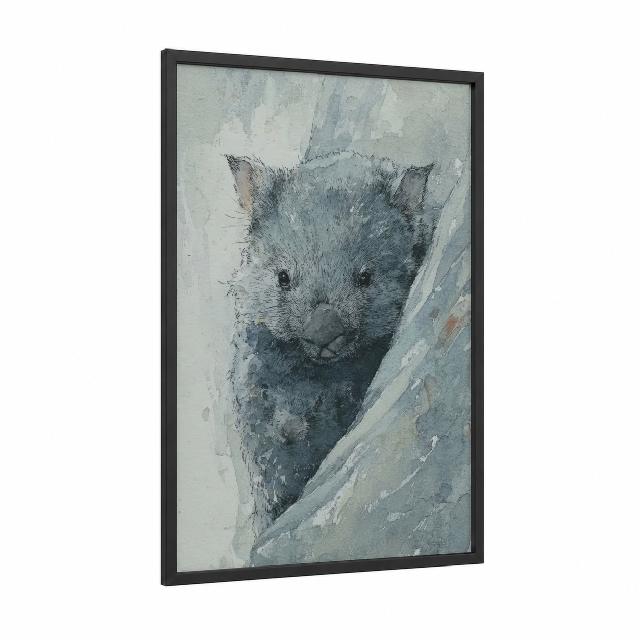 Eucalyptus Wombat framed art print — black wood frame — gray and white and dove gray palette