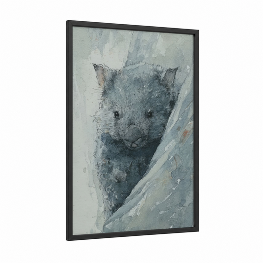 Eucalyptus Wombat framed art print — black wood frame — gray and white and dove gray palette