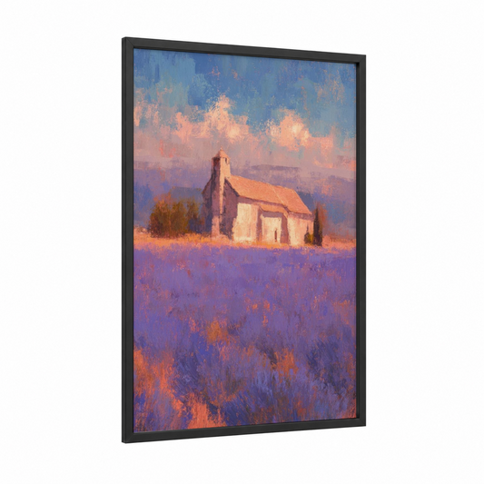 Lavender Chapel Sunset framed churches and chapels print — black wood frame — purple and gold palette