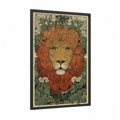 Botanical Lion framed art print — black wood frame — sage green palette