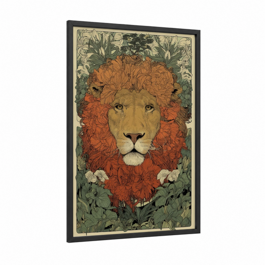 Botanical Lion framed art print — black wood frame — sage green palette