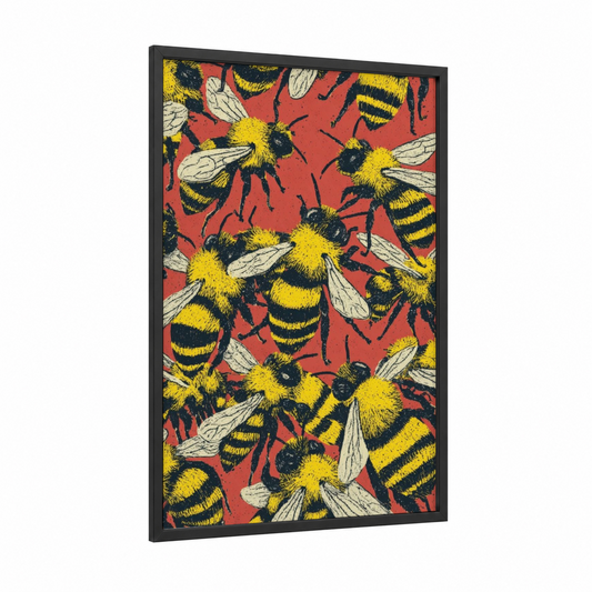 Golden Bee Swarm framed art print — black wood frame — yellow gold and red palette