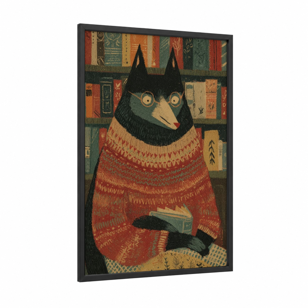 Cozy Reading Wolf framed art print — black wood frame — dark green palette