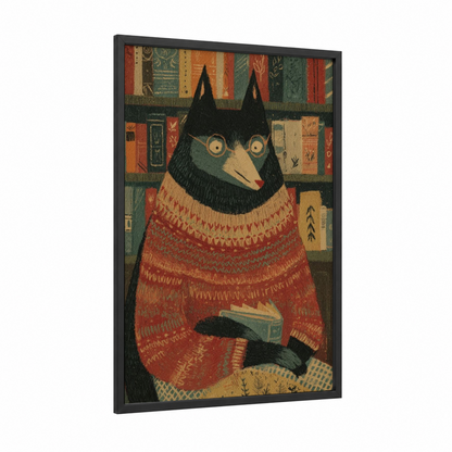 Cozy Reading Wolf framed art print — black wood frame — dark green palette