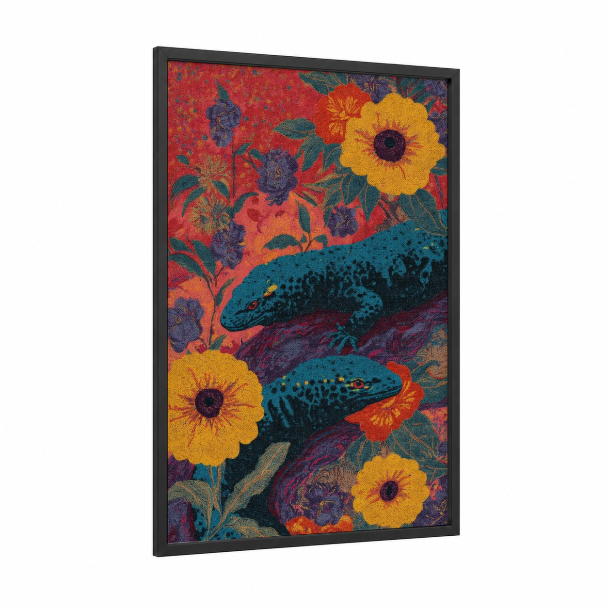 Turquoise Lizards framed art print — black wood frame — red and gold palette