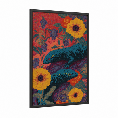 Turquoise Lizards framed art print — black wood frame — red and gold palette
