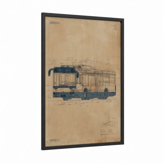 Blueprint Bus framed art print — black wood frame — dark blue and cream palette