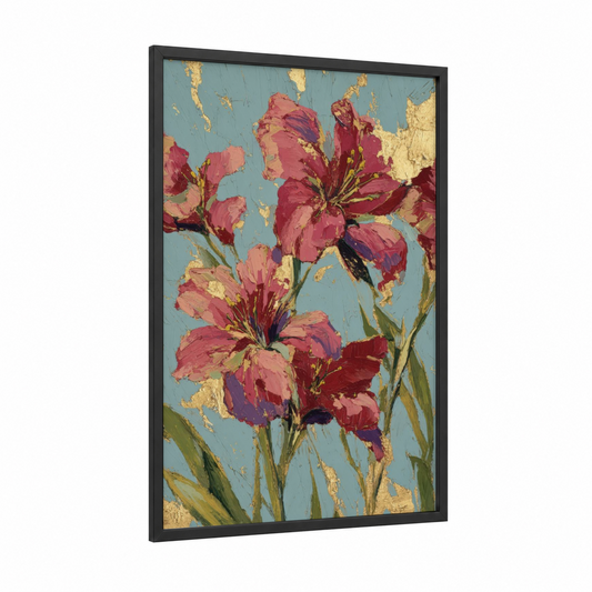 Crimson Lily Gold framed art print — black wood frame — pink and gold palette