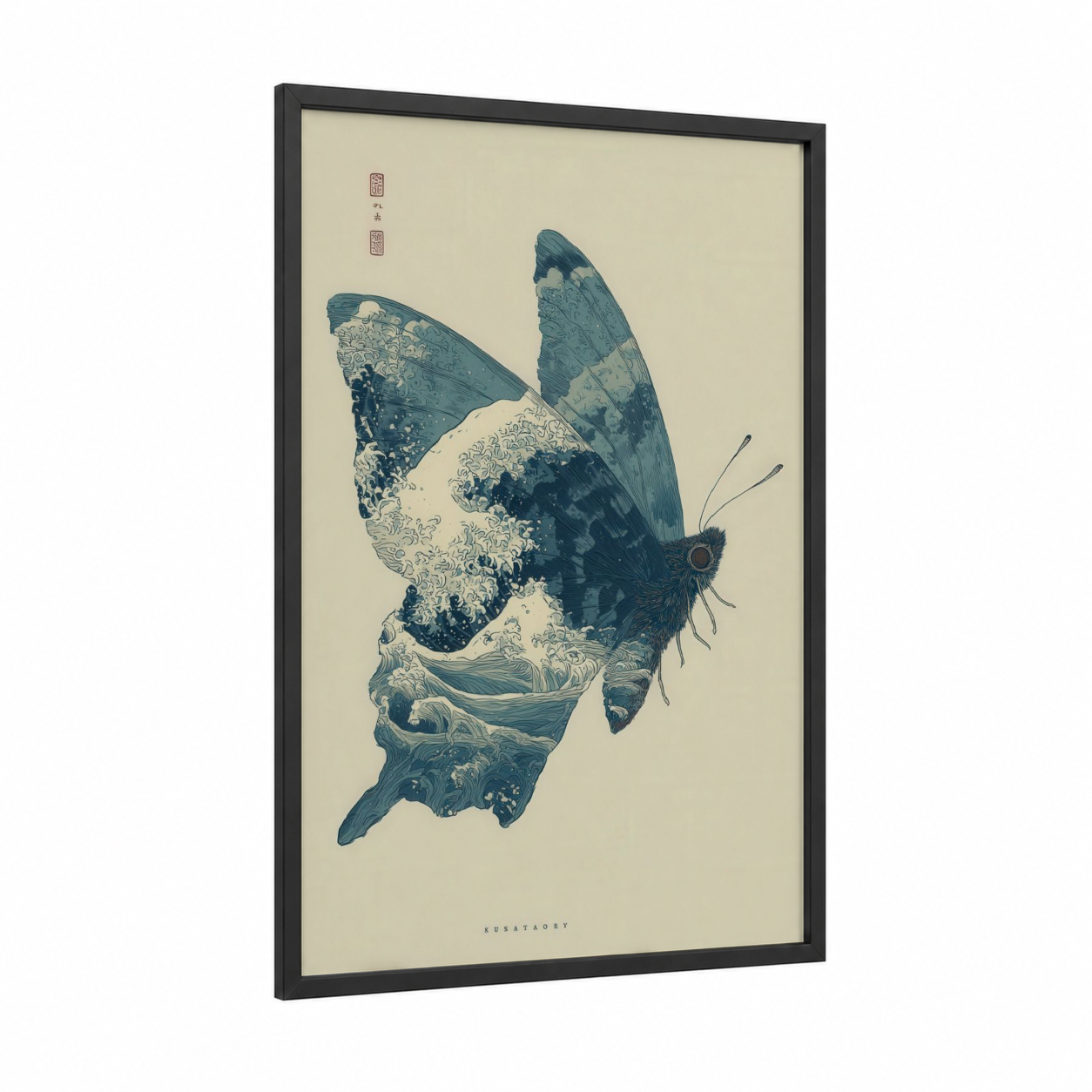 Wave Butterfly framed art print — black wood frame — blue and cream palette