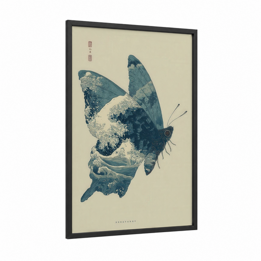 Wave Butterfly framed art print — black wood frame — blue and cream palette
