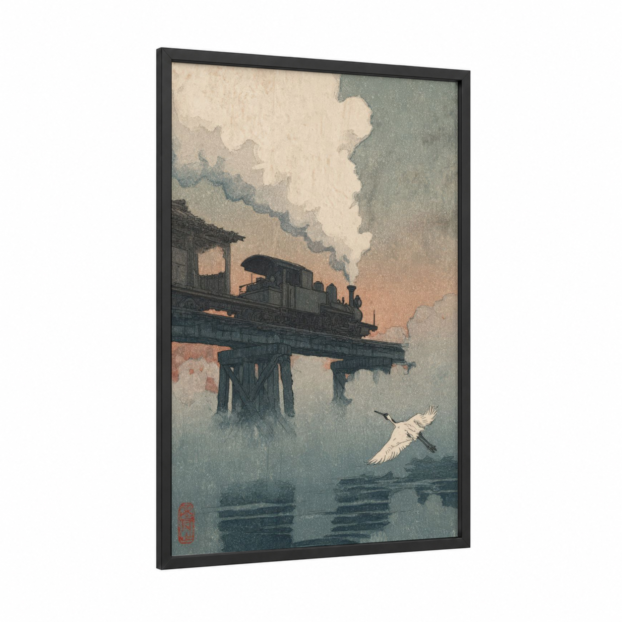 Misty Train Bridge framed art print — black wood frame — gray and cream palette