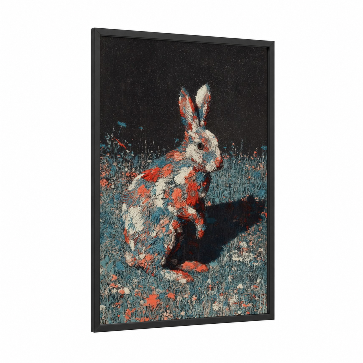Colorful Meadow Rabbit framed art print — black wood frame — teal and russet palette