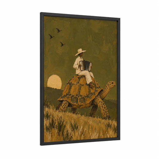 Accordion Player on Turtle Wall Art framed art print — black wood frame — olive and brown palette