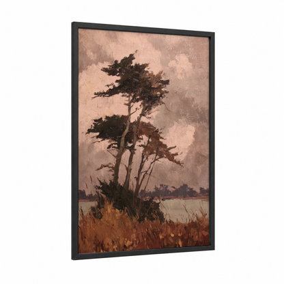 Windswept Cedar framed cedar tree print — black wood frame — beige and brown palette