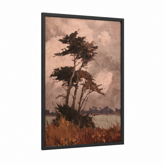 Windswept Cedar framed cedar tree print — black wood frame — beige and brown palette
