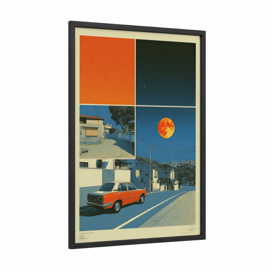 Retro Moonrise framed japanese y2k print — black wood frame — orange and dark blue palette